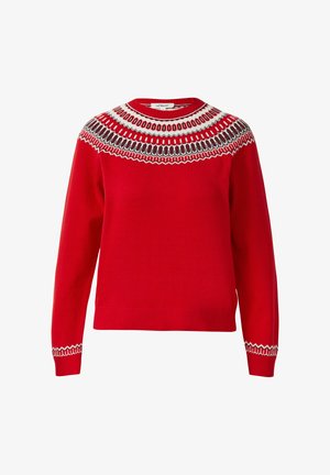 Roter Strickpullover mit rundem Ausschnitt und gemustertem Einsatz am Oberteil mit weißen und dunklen Akzenten, gerippten Bündchen und Saum.