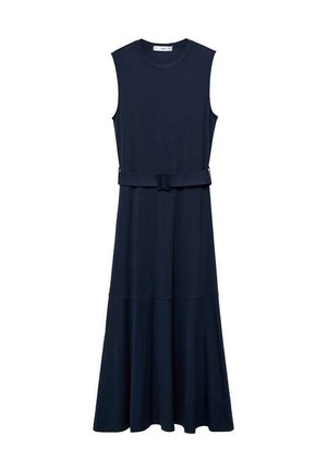 Rochie fără mâneci de culoare bleumarin, realizată dintr-un material neted. Prezintă un bust ajustat, talie cu curea și un tiv evazat cu un design stratificat.