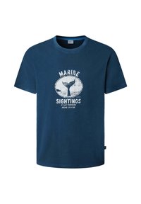 Camiseta de algodón azul marino con un estampado gráfico blanco de una cola de ballena y texto, cuello redondo, mangas cortas y dobladillo recto.