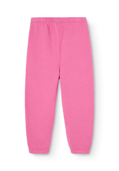 Roze trenerke s elastičnim pojasom i oblikovanim nogavicama, napravljene od mekog, teksturiranog materijala, bez vidljivih uzoraka ili akcenta.