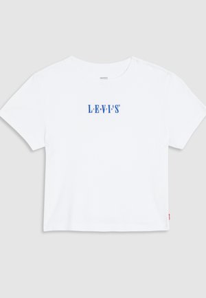 Bílý bavlněný krátký tričko s modrým logem "LEVI'S" na hrudi. Kulatý výstřih s krátkými rukávy a malou červenou etiketou na boku.