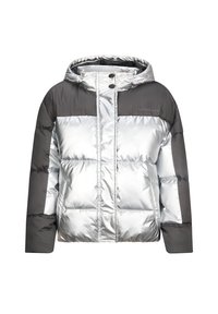 Silberne Pufferjacke mit grünem oberen Abschnitt, Kapuze, Druckknöpfen und kariertem Design. Hergestellt aus glänzendem, gepolstertem Material.
