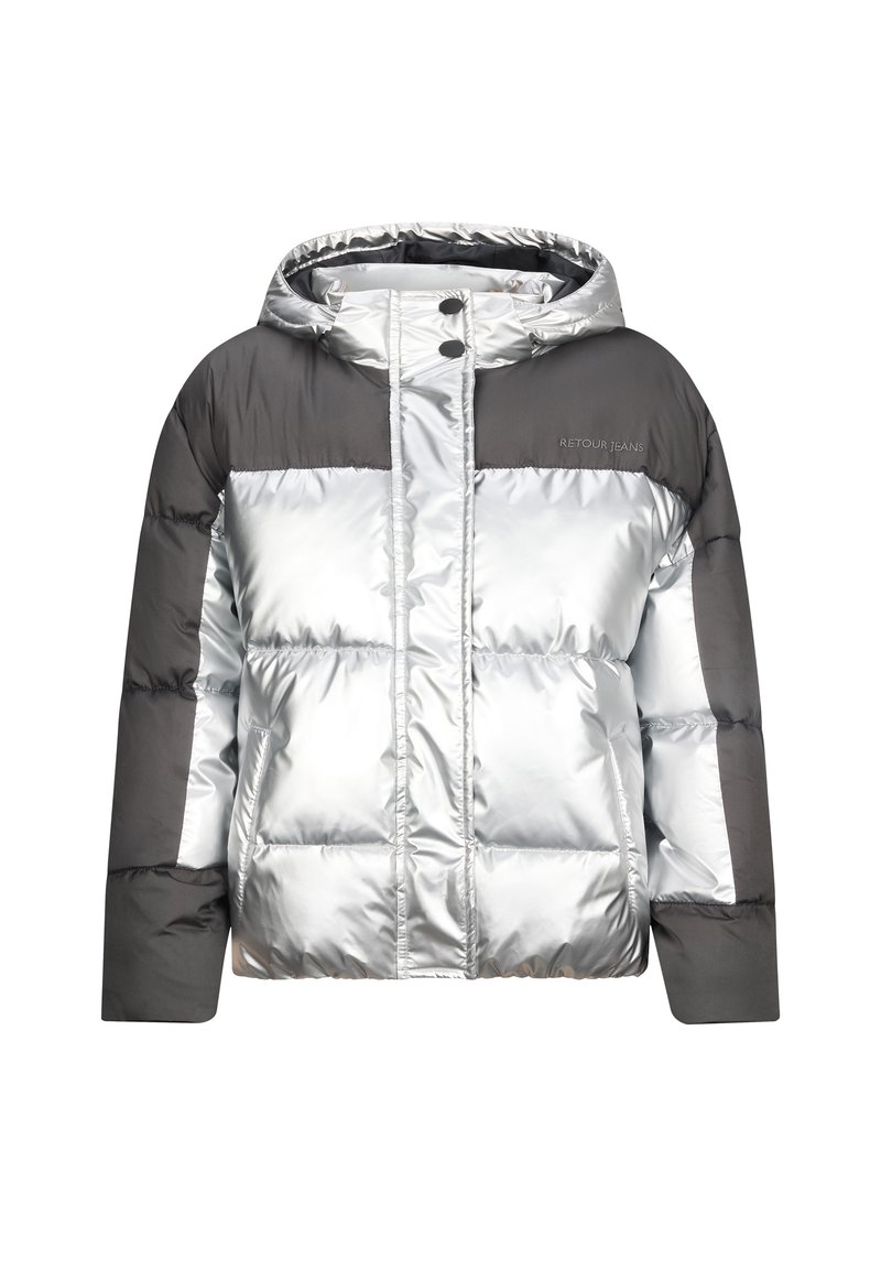 Silberne Pufferjacke mit grünem oberen Abschnitt, Kapuze, Druckknöpfen und kariertem Design. Hergestellt aus glänzendem, gepolstertem Material.