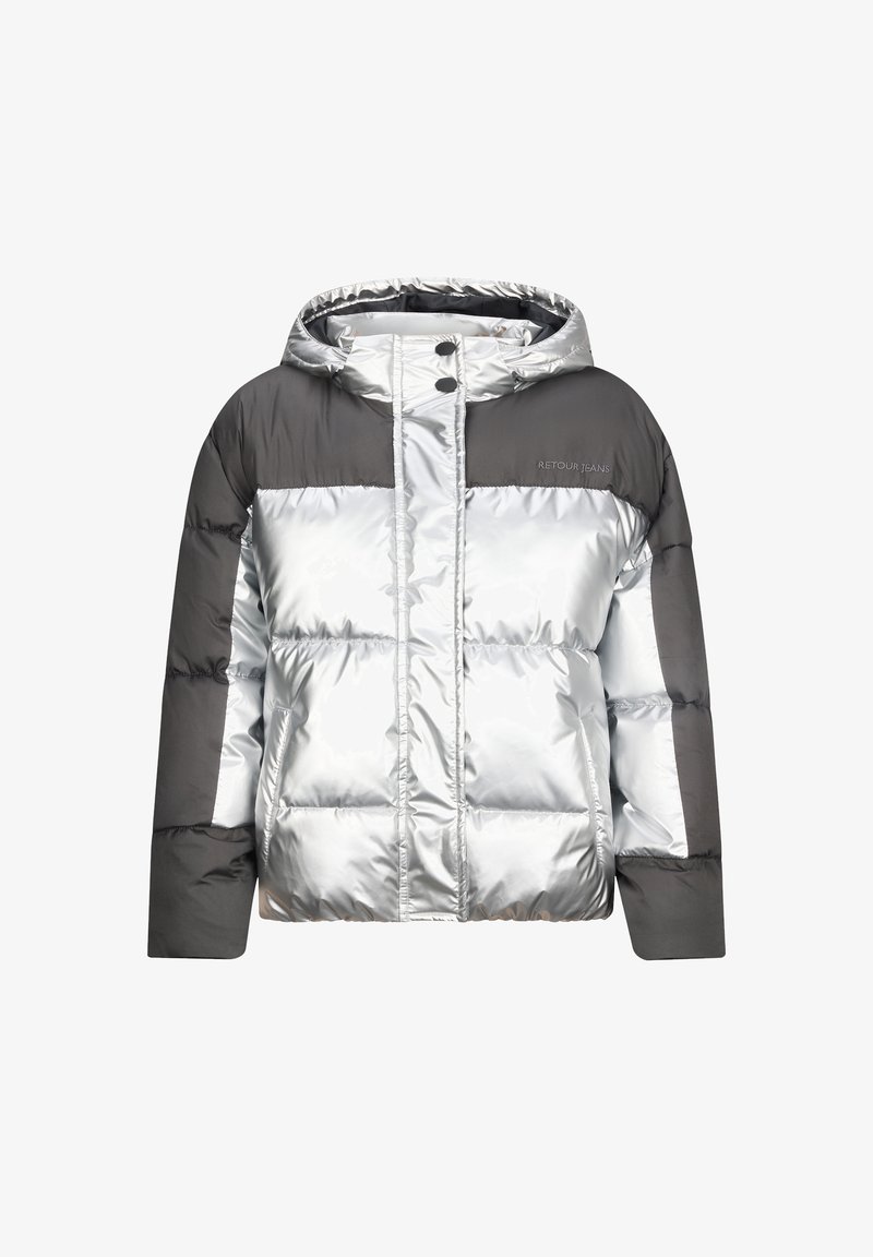 Silberne Pufferjacke mit grünem oberen Abschnitt, Kapuze, Druckknöpfen und kariertem Design. Hergestellt aus glänzendem, gepolstertem Material.