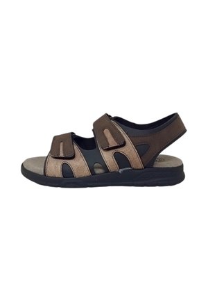 Sandalo marrone e nero con punta aperta, cinturini regolabili e suola imbottita, progettato per comfort e utilizzo casual.