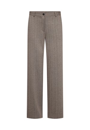 Bruine rechtgesneden broek met visgraatmuster, knoopsluiting en riemlussen, op een witte achtergrond.