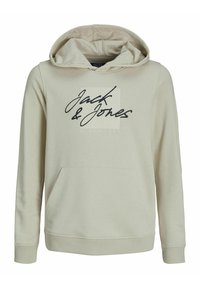 Hoodie beige con tasca frontale, cappuccio con coulisse e logo stampato "Jack & Jones" con linee orizzontali. Tessuto morbido.