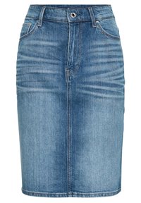 Jupe crayon en denim bleu clair, à coupe droite, fermeture par boutons et zip, cinq poches et léger délavage sur l'ensemble du tissu.