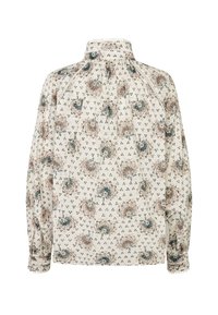 Langærmet bluse i let stof, med et blomsterprint i blå og rust, høj hals og sammensyninger på ryggen.