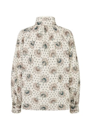 Blúzka s dlhými rukávmi z ľahkej textílie, zdobená kvetinovým vzorom v modrej a hrdzavej farbe, s vysokým golierom a zhŕňanými detailmi na zadnej strane.