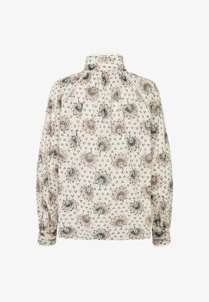 Blúzka s dlhými rukávmi z ľahkej textílie, zdobená kvetinovým vzorom v modrej a hrdzavej farbe, s vysokým golierom a zhŕňanými detailmi na zadnej strane.