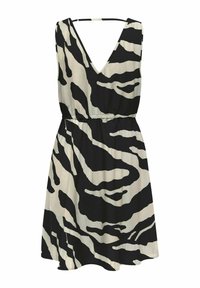 Vestido sin mangas a rayas de cebra en negro y crema con escote en V, cintura elástica y silueta en A. Fabricado en una tela suave y liviana.