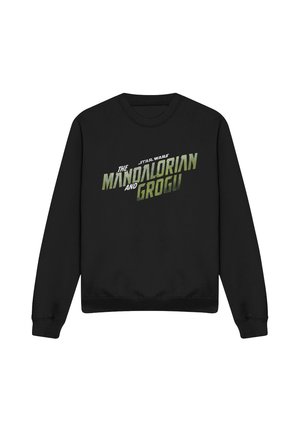 Black long-sleeve sweatshirt with green and white text reading "Star Wars The Mandalorian and Grogu" on the front center.