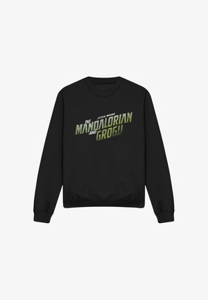 Schwarzes Sweatshirt mit langen Ärmeln und grünem sowie weißem Text ""Star Wars The Mandalorian and Grogu"" in der vorderen Mitte.
