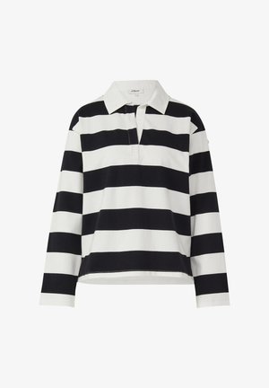 Schwarz-weiß gestreiftes Polohemd mit langen Ärmeln, Kragen und Knopfleiste, mit lockerem Schnitt und Seitensaum-Detail.