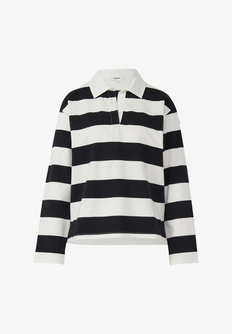 Langarm poloshirt met zwart-witte strepen, voorzien van een kraag en knoopsluiting, met een relaxte pasvorm en detail aan de zijzoom.