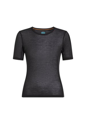 Černé krátké rukávy s kulatým výstřihem z prodyšné síťoviny s vzorem medových pláství a jemným logem značky na hrudi.