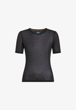 Černé krátké rukávy s kulatým výstřihem z prodyšné síťoviny s vzorem medových pláství a jemným logem značky na hrudi.