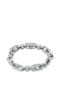 Bracciale in argento con elementi geometrici interconnessi, forme rotonde e esagonali, decorato con piccole cristalli trasparenti e un accento con il logo.