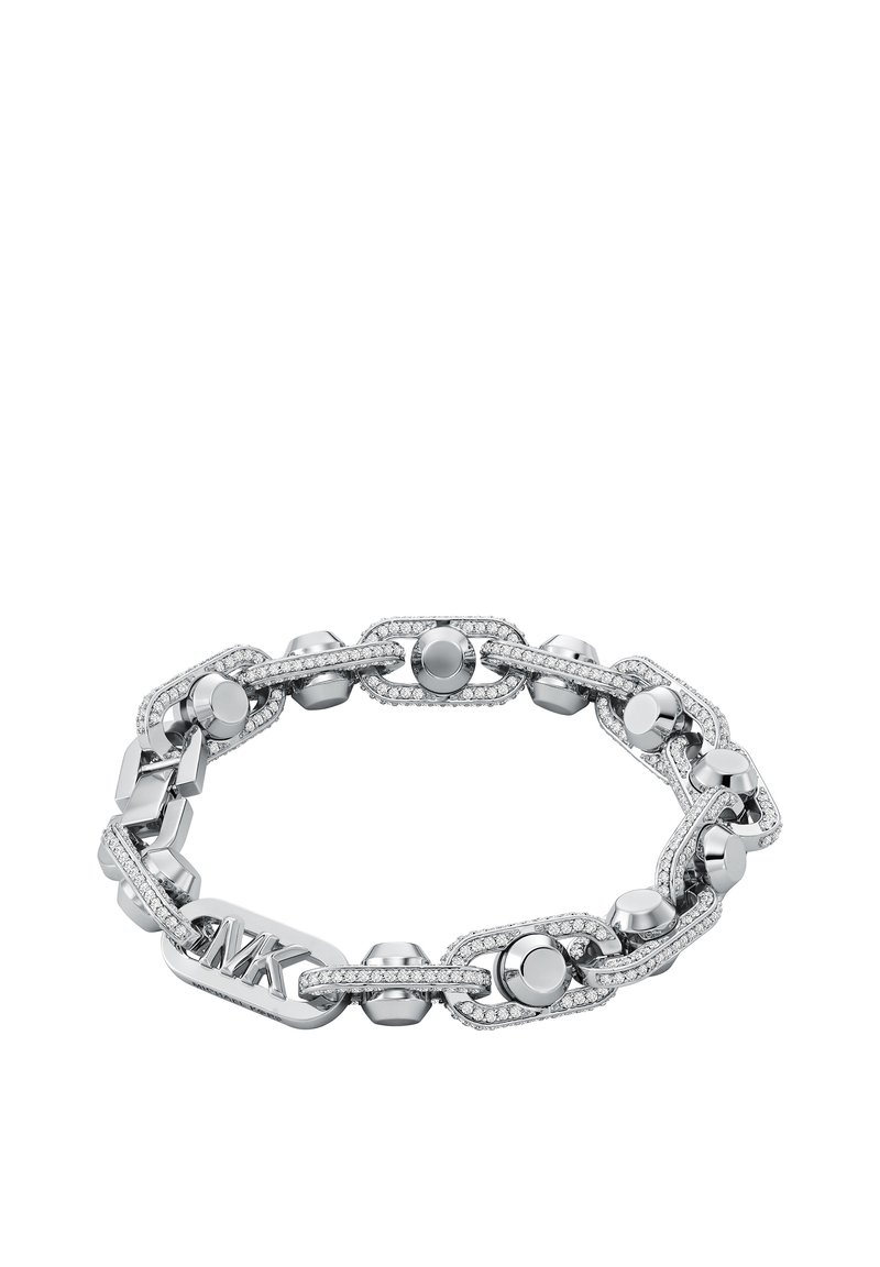 Bracciale in argento con elementi geometrici interconnessi, forme rotonde e esagonali, decorato con piccole cristalli trasparenti e un accento con il logo.