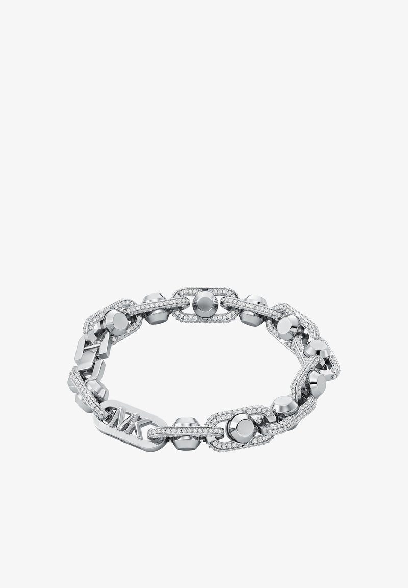 Bracciale in argento con elementi geometrici interconnessi, forme rotonde e esagonali, decorato con piccole cristalli trasparenti e un accento con il logo.