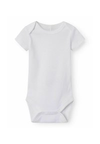 Bodysuit blanc à manches courtes en coton, avec un col rond, des fermetures à pression au bas, et une texture lisse et unie.