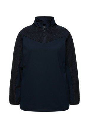 Maglione in pile blu navy con zip quarti, caratterizzato da maniche testurizzate e un corpo liscio, che offre un contrasto di materiali e colori.