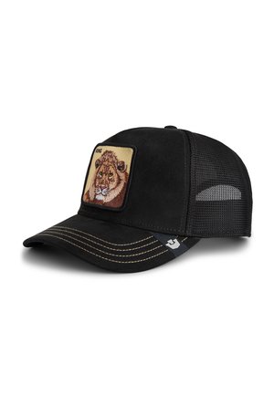 Black cap with a suede front, mesh sides, and a square patch featuring a lion's face. Detailed stitching along the brim.