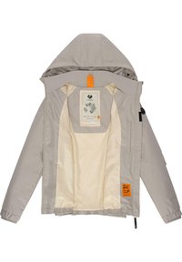 Lichtgrijze jas met een capuchon, elastische manchetten en een binnenvoering in crèmekleur. Bevat een oranje label en een bloemenpatroon etiket aan de binnenkant.