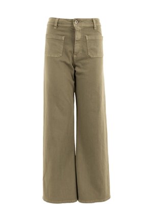 Pantalones de pierna ancha en algodón verde oliva, con cintura alta, cuatro bolsillos y un cierre frontal con botón y cremallera. Textura suave, sin patrones.