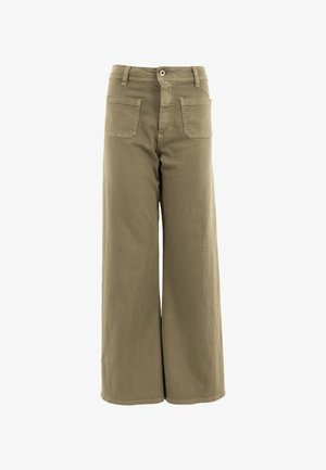 Pantalones de pierna ancha en algodón verde oliva, con cintura alta, cuatro bolsillos y un cierre frontal con botón y cremallera. Textura suave, sin patrones.