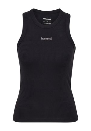Zwarte geribbelde mouwloze strak aansluitende tanktop met ronde hals en een klein wit "hummel"-logo gecentreerd op de borst.