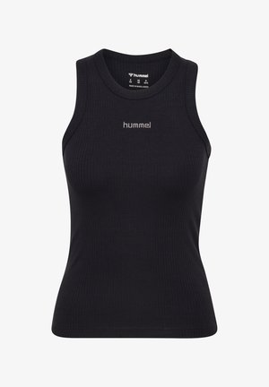 Schwarzes, geripptes, ärmelloses, eng anliegendes Tanktop mit rundem Ausschnitt und kleinem weißem "hummel" Logo in der Mitte auf der Brust.