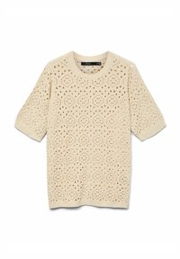 Maglietta a maniche corte beige in maglia con scollatura rotonda e dettaglio di motivo a rombi traforato.
