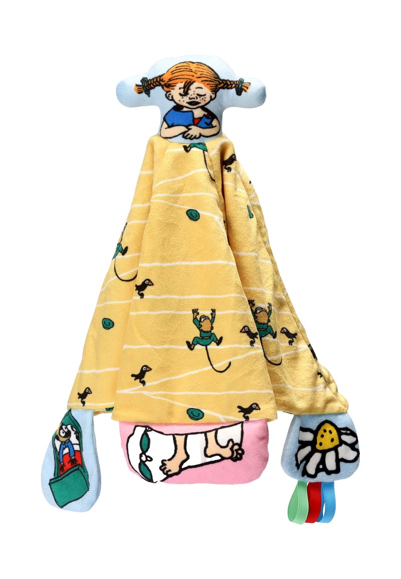 Couverture jaune avec des motifs d'animaux ludiques, surmontée d'une tête en peluche d'enfant aux couettes orange et d'étiquettes en tissu colorées.