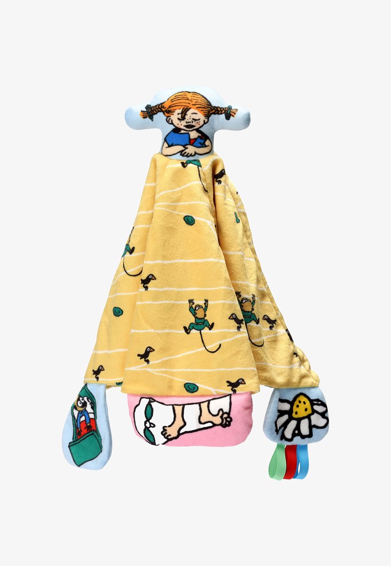 Couverture jaune avec des motifs d'animaux ludiques, surmontée d'une tête en peluche d'enfant aux couettes orange et d'étiquettes en tissu colorées.