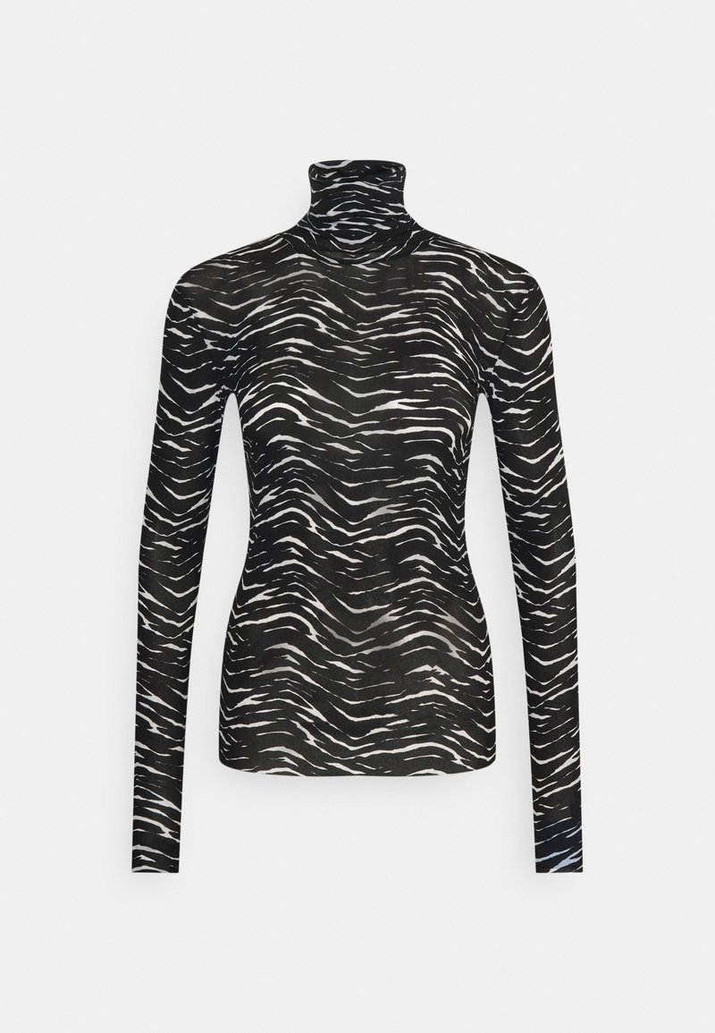 Zebra print in zwart-wit lange mouwen coltrui met een aansluitende silhouet en hoge halslijn.