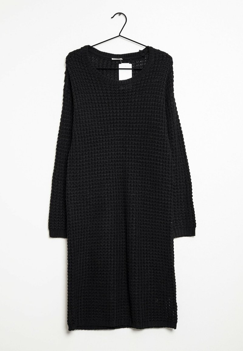 Abito lungo in maglia nera a maniche lunghe con un motivo testurizzato e scollo rotondo, con spacchi laterali e polsini a costine.