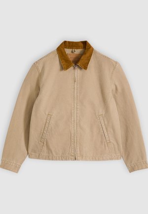 Beige cotton jacket with a brown corduroy collar, front zip closure, and two side pockets. Smooth texture with visible stitching details.