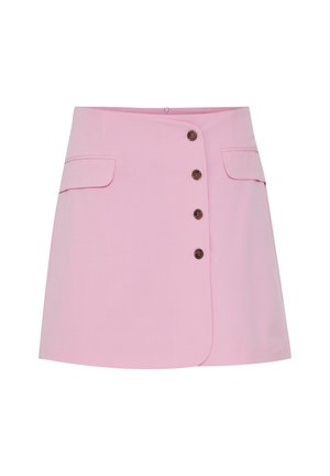 Różowa spódnica w kształcie litery A z przodu zapinana na guziki, z pięcioma brązowymi guzikami i dwiema bocznymi kieszeniami. Gładki materiał o czystym wykończeniu.