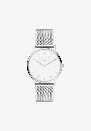 Orologio con cinturino in rete d'argento, quadrante rotondo bianco, indicatori delle ore minimalisti e sottili lancette argentate; cassa in acciaio inossidabile con finiture lucide.