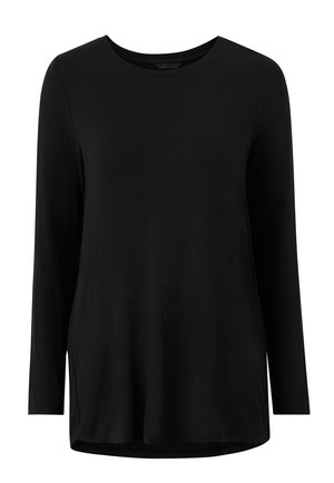 Zwarte top met lange mouwen gemaakt van een zacht materiaal, met een ronde halslijn, verslapte schouders en een licht gebogen zoom.
