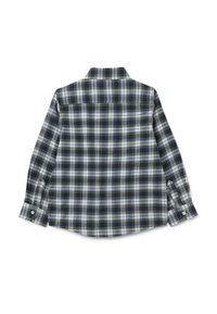 Camicetta a maniche lunghe in un motivo a quadri blu navy, verde e bianco. Presenta un colletto con bottoni e polsini abbottonati. Tessuto dalla consistenza liscia.