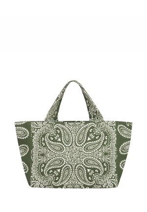 Torba typu tote w kolorach zielonym i białym z symetrycznymi wzorami paisley i kwiatowymi, wyposażona w dwa krótkie uchwyty oraz prostokątne dno.
