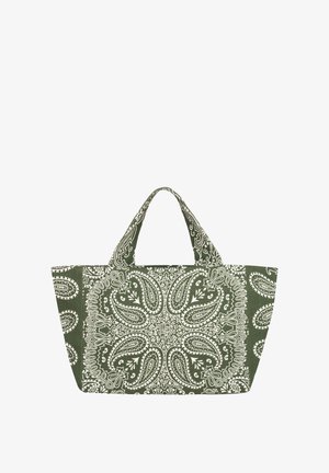 Torba typu tote w kolorach zielonym i białym z symetrycznymi wzorami paisley i kwiatowymi, wyposażona w dwa krótkie uchwyty oraz prostokątne dno.