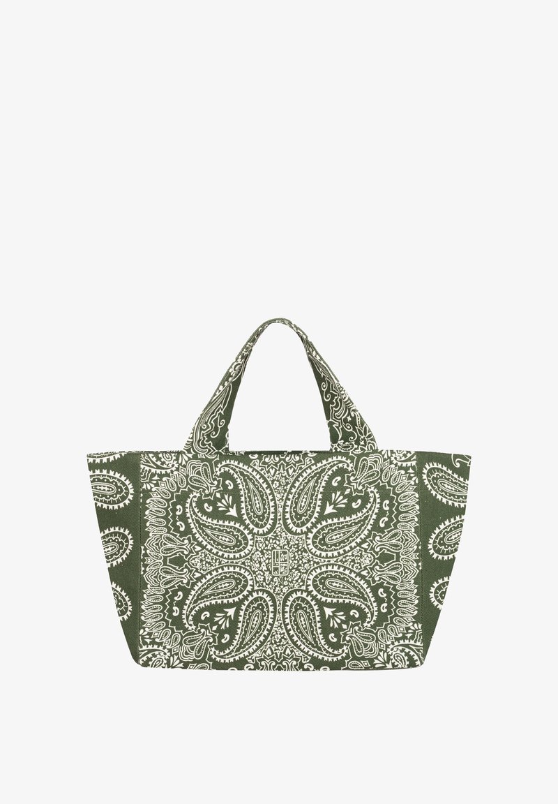 Torba typu tote w kolorach zielonym i białym z symetrycznymi wzorami paisley i kwiatowymi, wyposażona w dwa krótkie uchwyty oraz prostokątne dno.