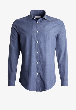 Blue long-sleeve shirt made of lightweight fabric, featuring a classic collar, button-down front, and white buttons. Smooth texture, versatile design.