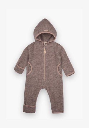 Bruine fleece één-delige pak met een capuchon, een rits aan de voorkant en roze bies. Beschikt over twee zijzakken en enkelmanchetten voor extra warmte.