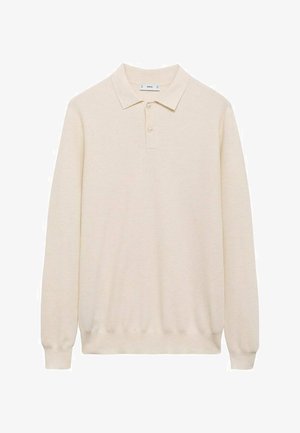 Krémový polo triko s dlouhým rukávem vyrobené z texturované tkaniny. Má klasický límec a tři knoflíky na zapínání. Jednoduchý a čistý design.