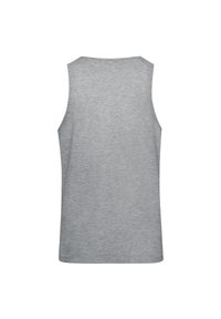 Szary, bezrękawnikowy top z okrągłym dekoltem. Wykonany z miękkiej, teksturowanej tkaniny. Posiada gładkie plecy bez widocznych oznaczeń ani ozdób.